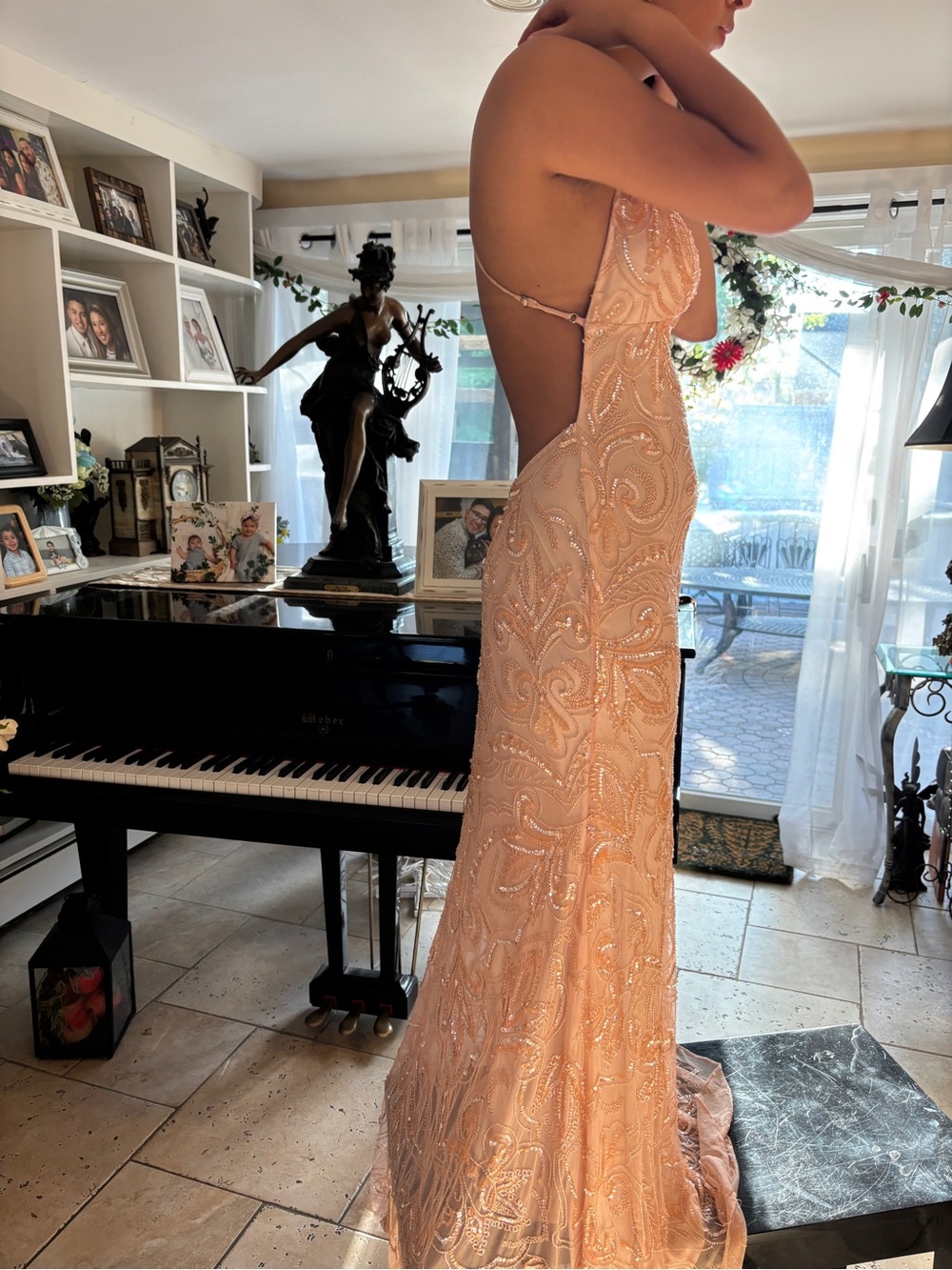Scala Peach Beaded Spaghetti Strap Prom Dress - Picture 2 of 8